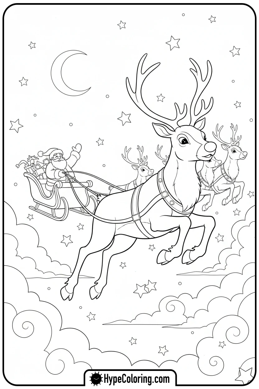 rudolph-flying-santa-s-sleigh - rudolph coloring pages