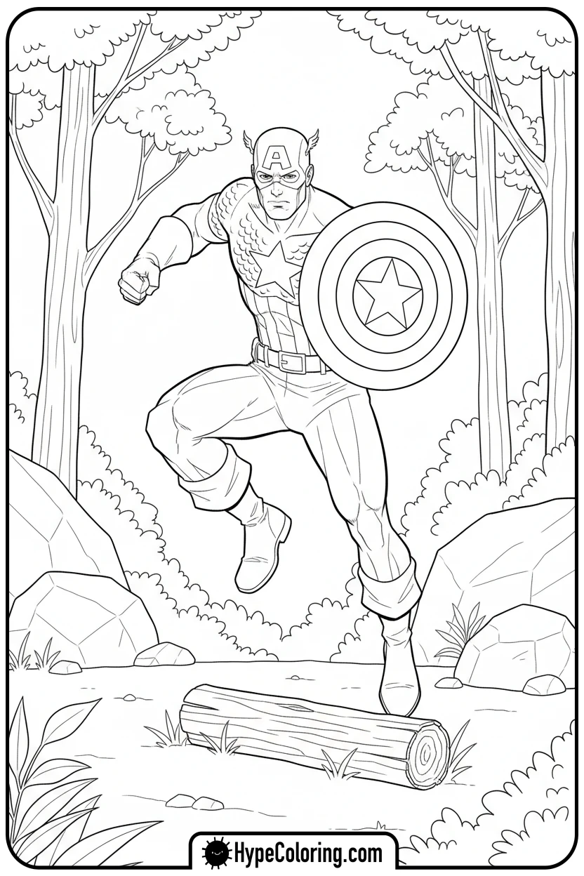 captain-america-jumping-over-log - baseball coloring page