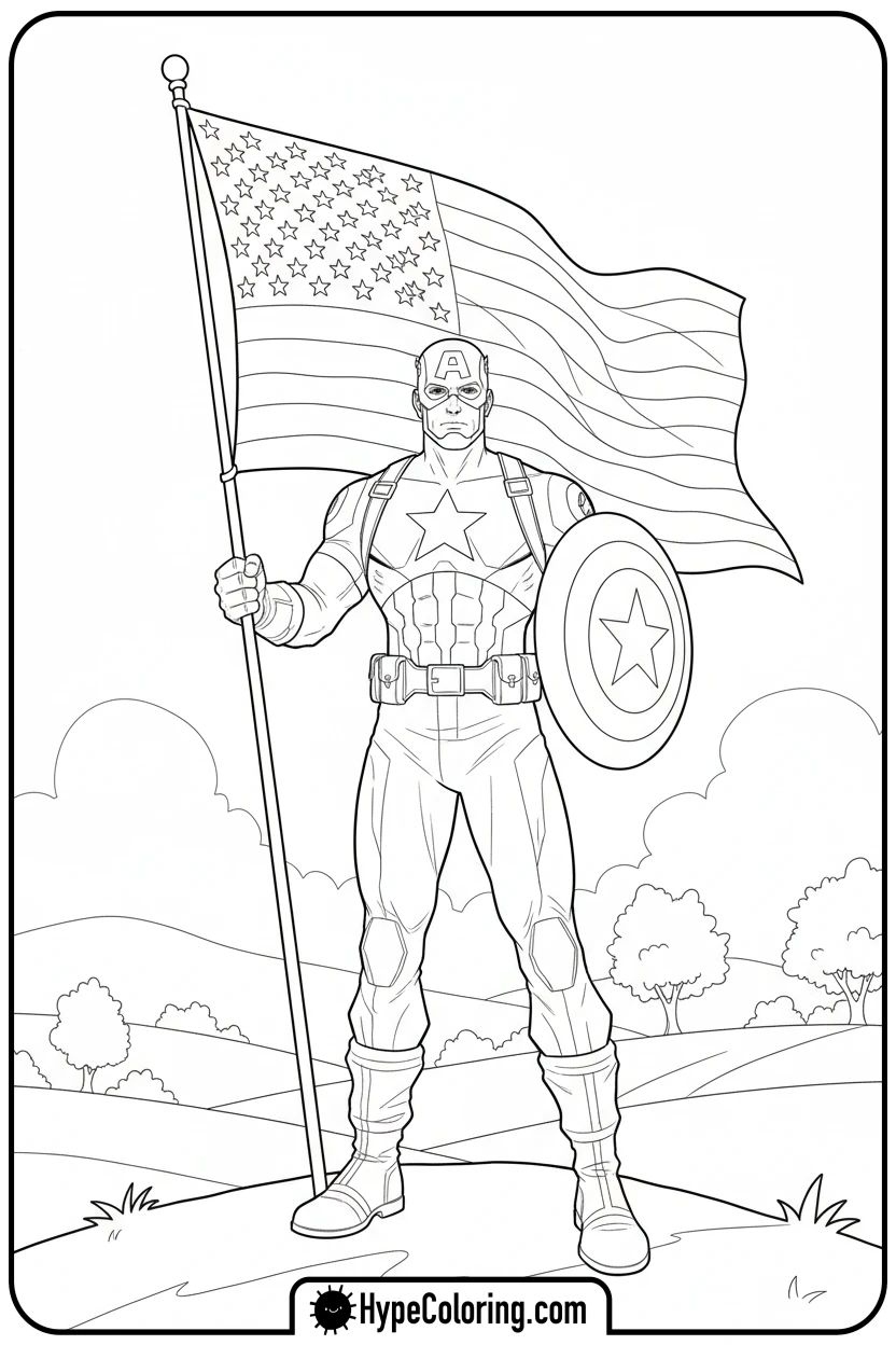 captain-america-holding-flag - baseball coloring page
