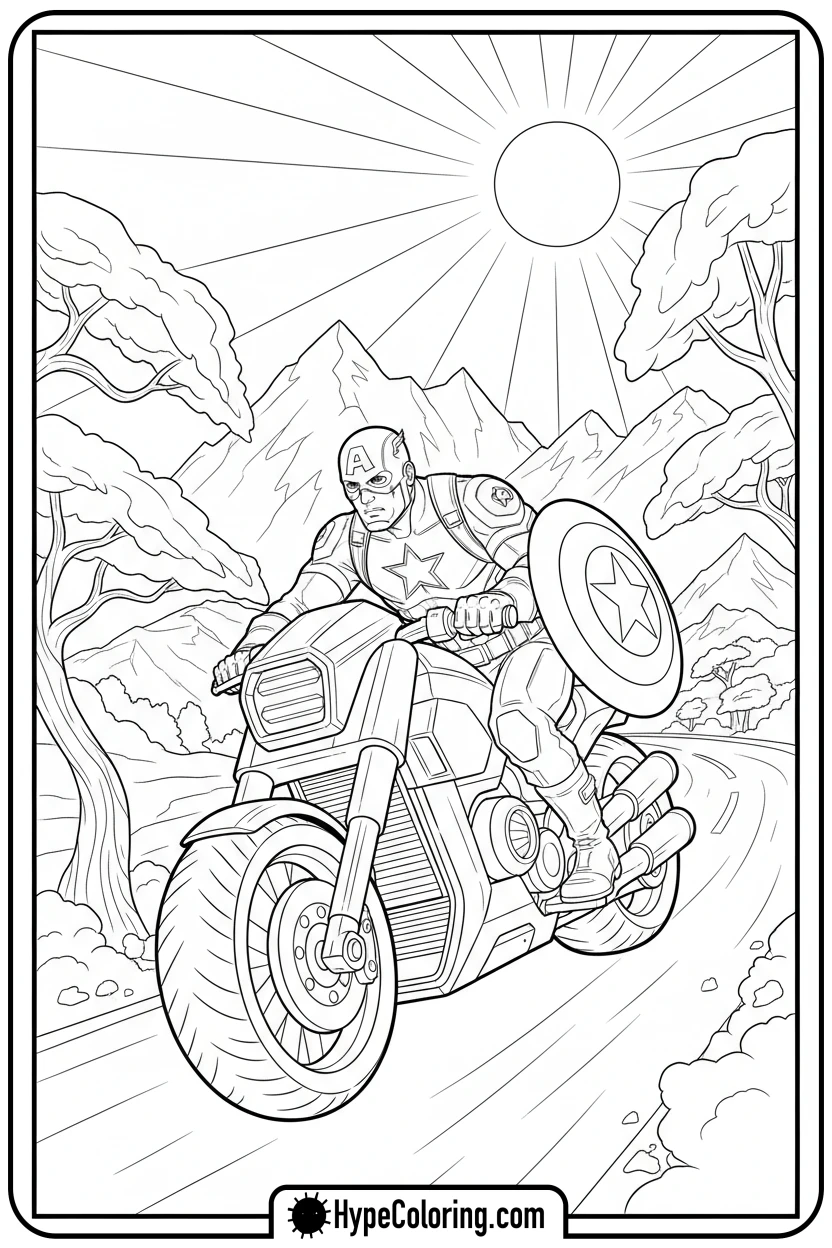 captain-america-riding-motorcycle - baseball coloring page