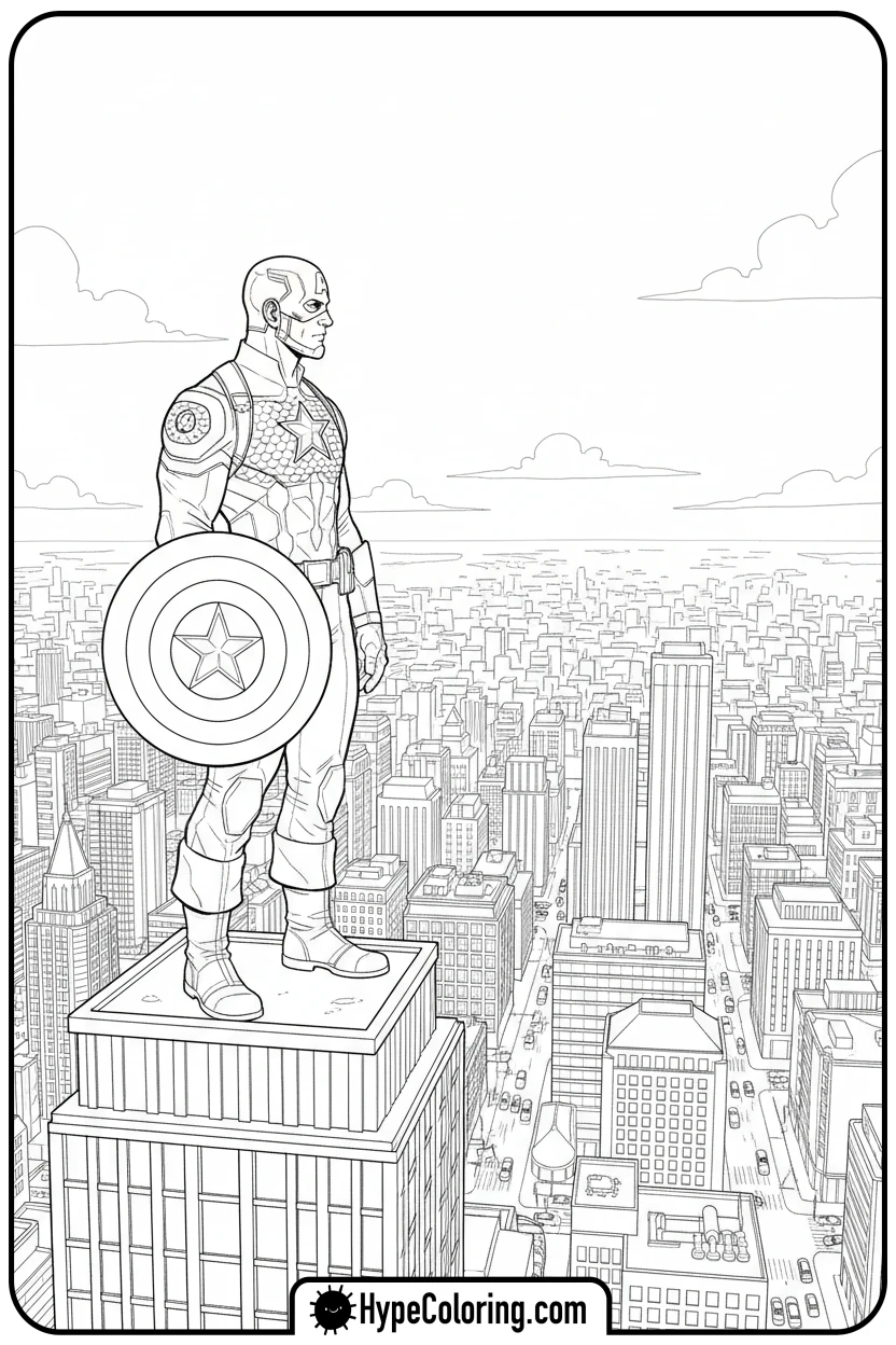 captain-america-on-rooftop - baseball coloring page