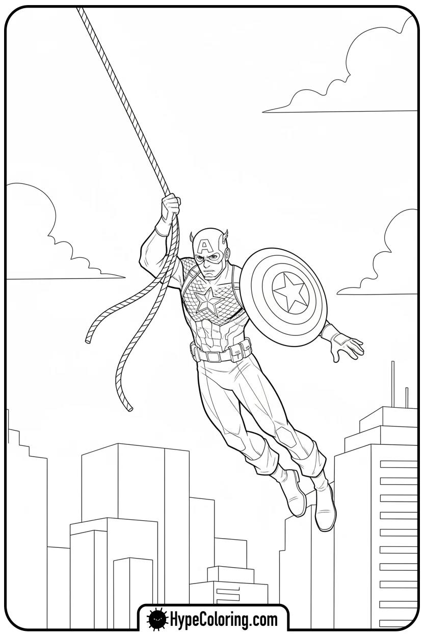 captain-america-swinging-on-rope - baseball coloring page