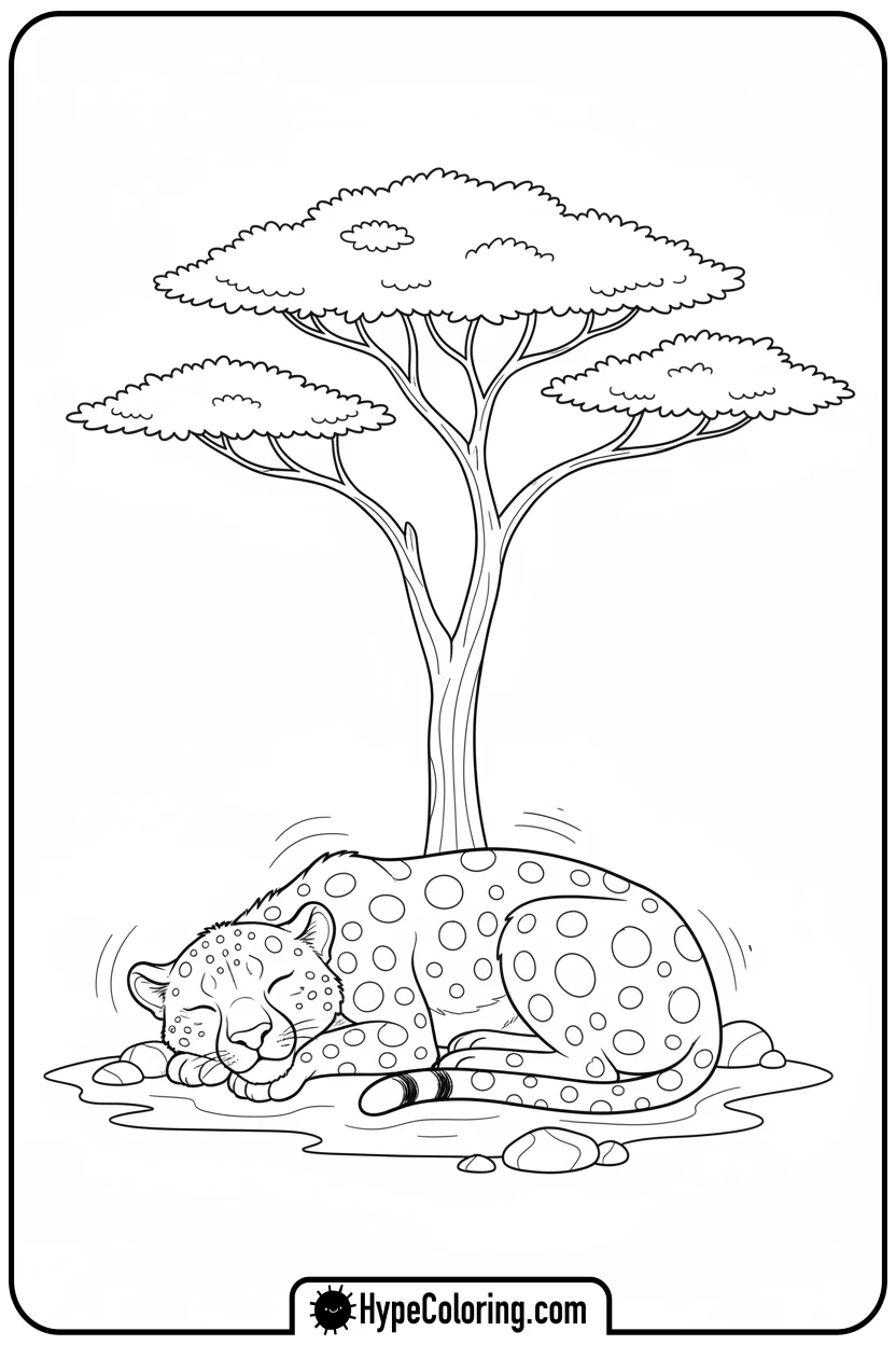 sleeping-cheetah-under-tree - cheetah coloring page