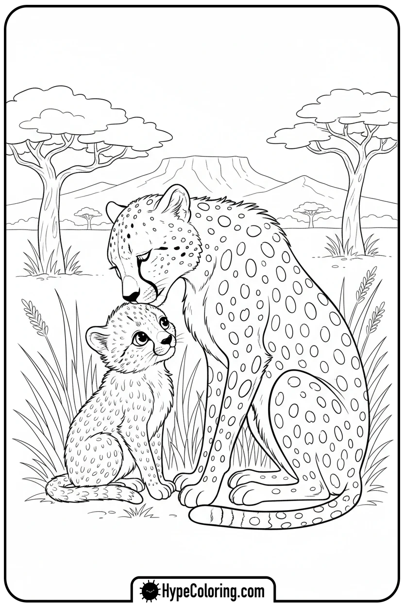 mother-cheetah-nuzzling-cub - cheetah coloring page