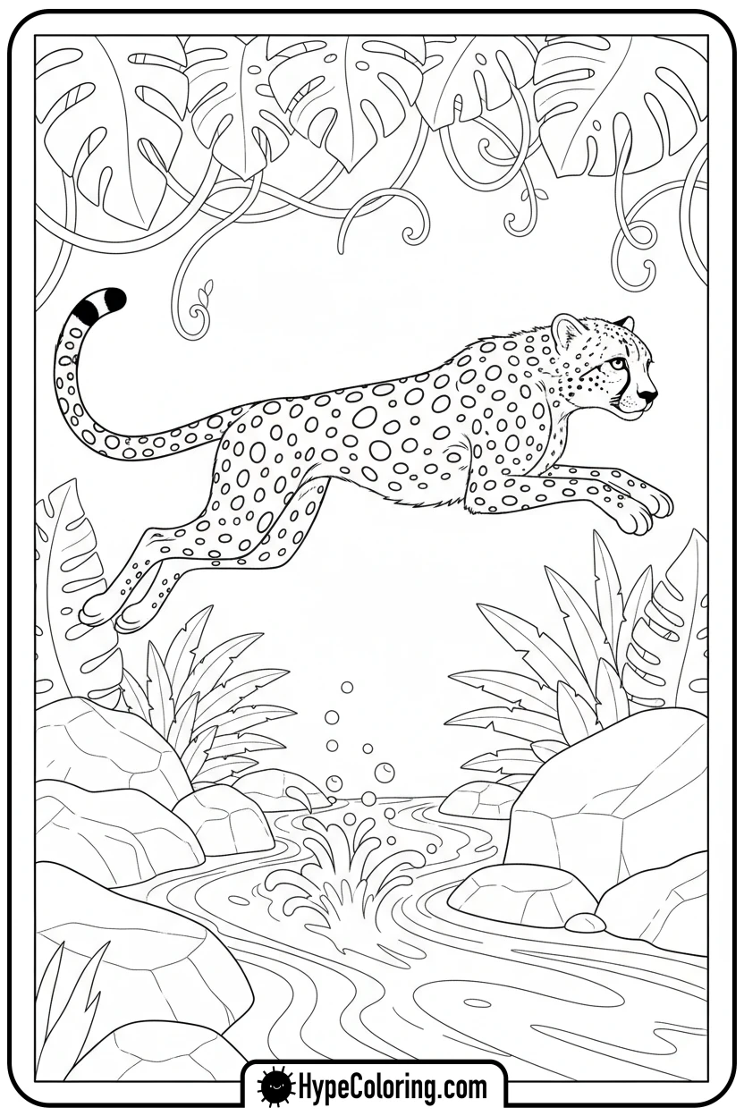 cheetah-leaping-over-stream - cheetah coloring page