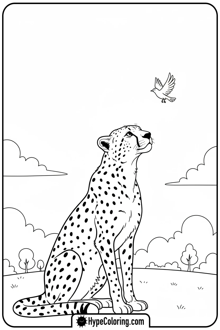cheetah-looking-at-bird - cheetah coloring page