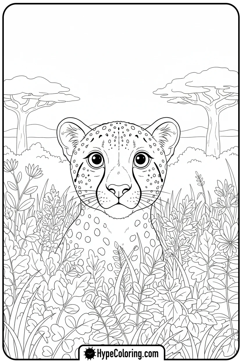 cheetah-peeking-from-bush - cheetah coloring page