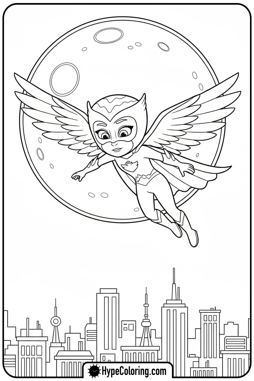owlette-flying-over-city - coloring pages for pj masks