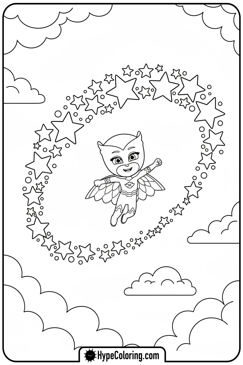 owlette-flying-through-stars - coloring pages for pj masks