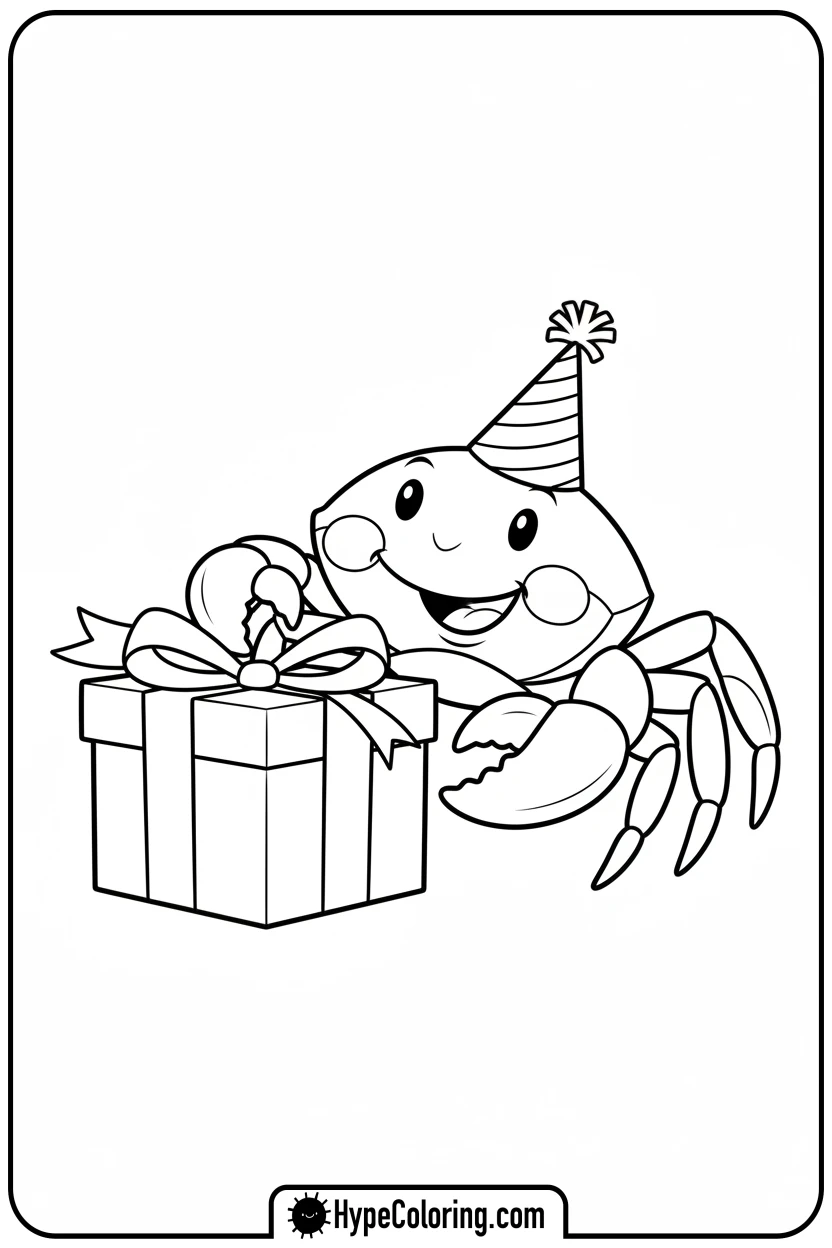 crab-with-party-hat-and-gift - crab coloring pages