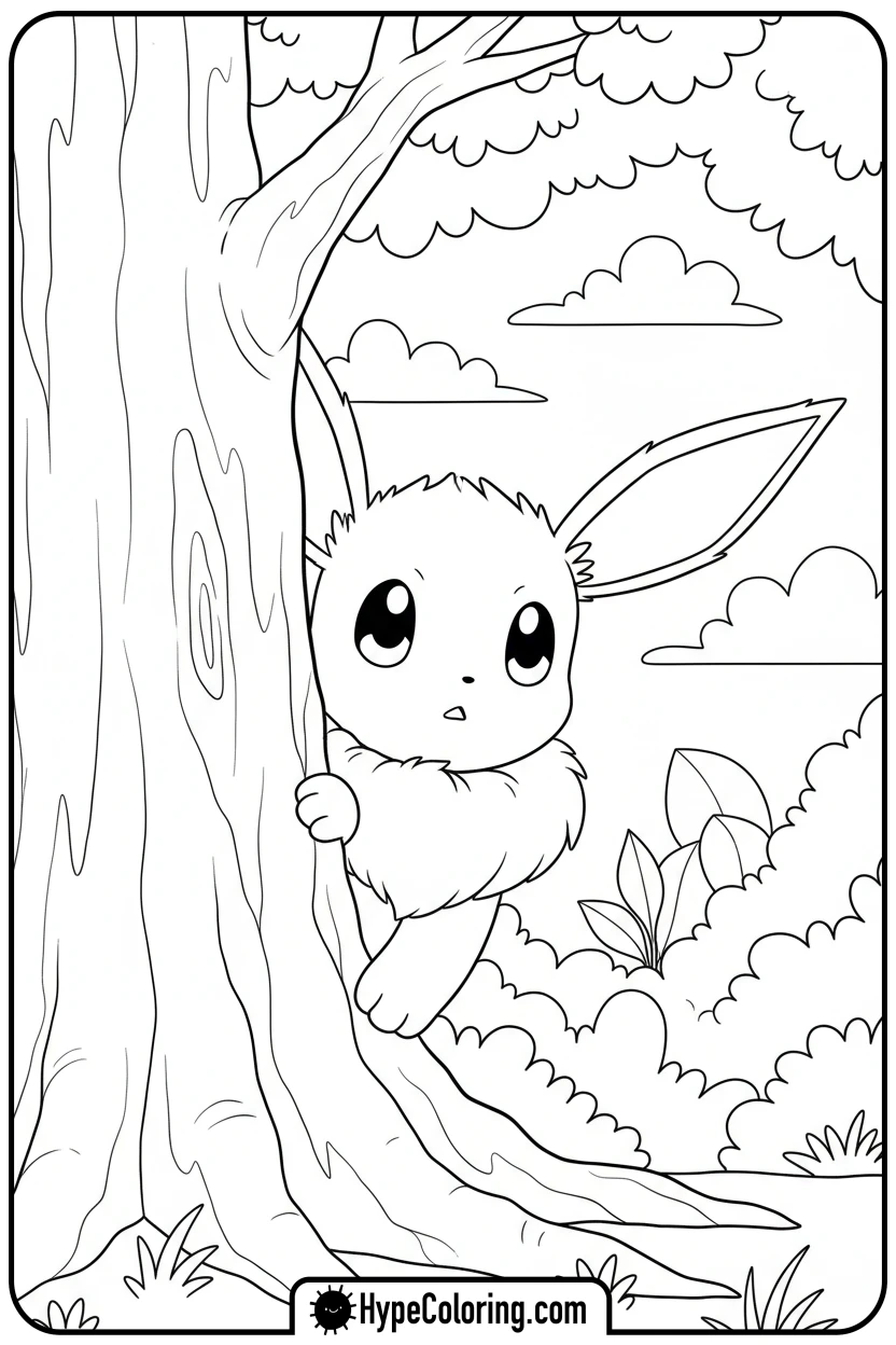 eevee-peeking-from-tree - eevee coloring page