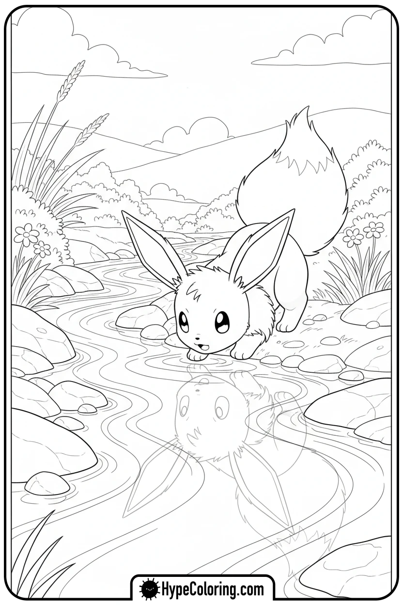 eevee-drinking-from-stream - eevee coloring page