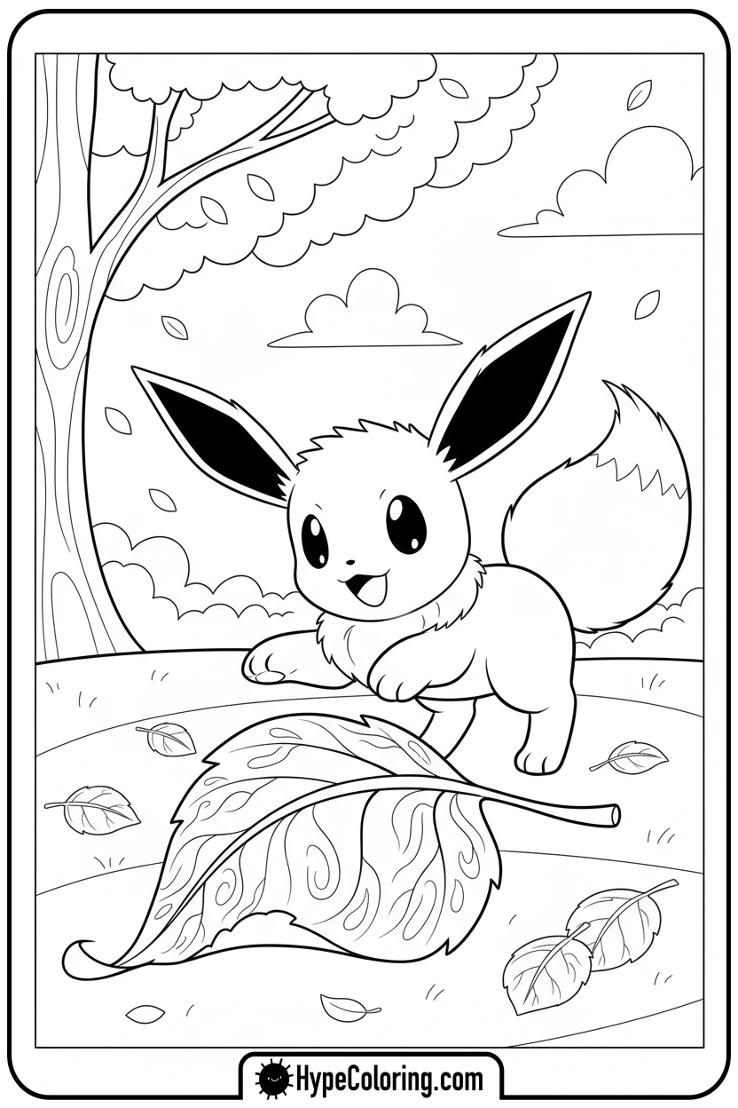 eevee-playing-with-leaf - eevee coloring page
