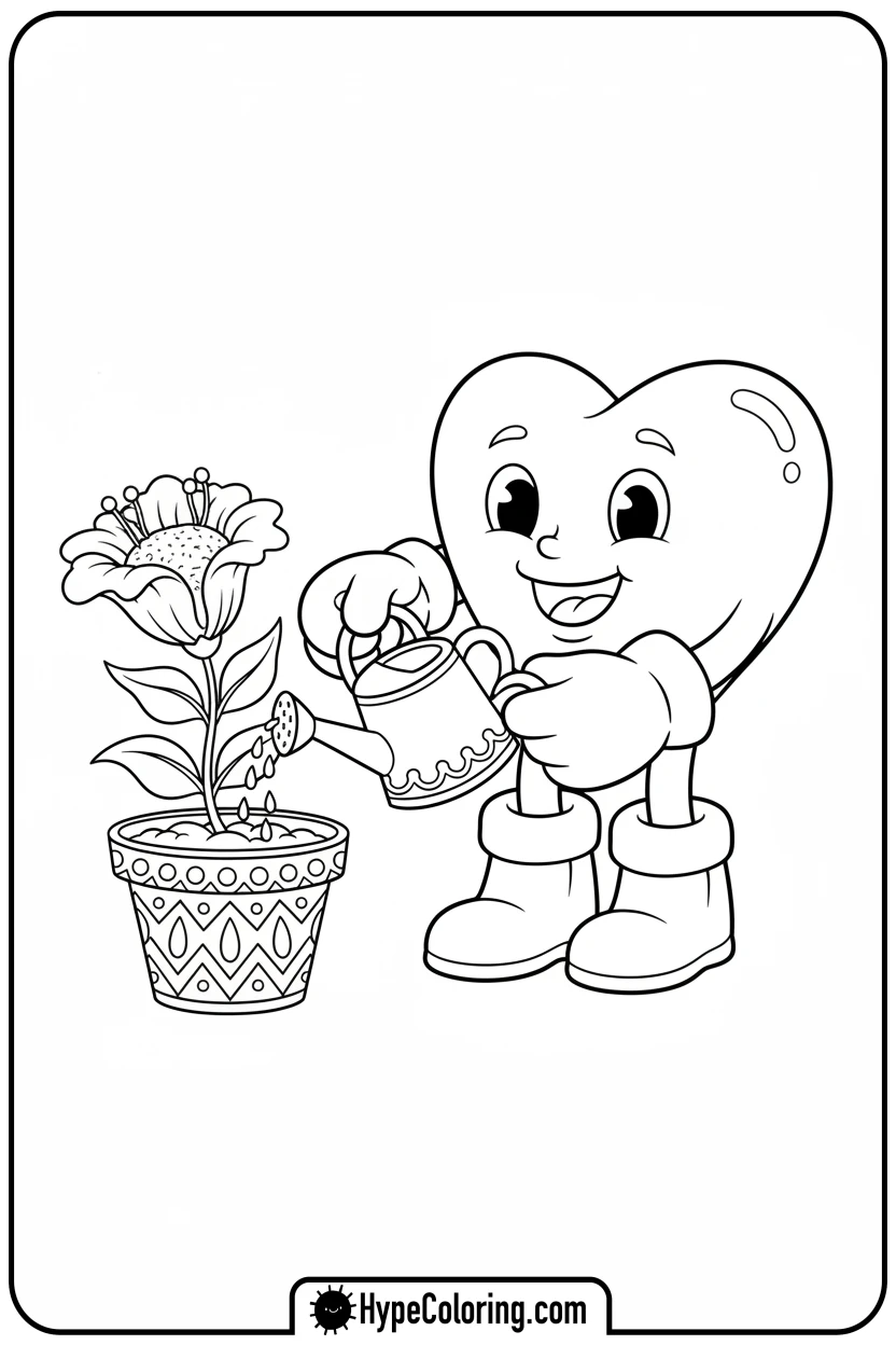 heart-gardening-with-watering-can - heart shape coloring pages