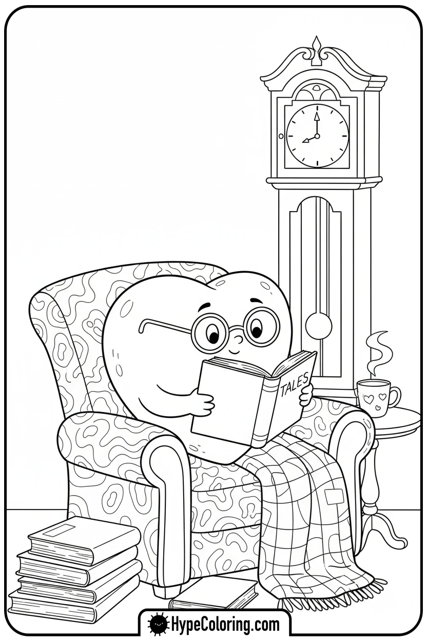 heart-reading-in-armchair - heart shape coloring pages