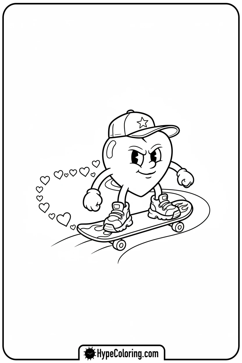 heart-skateboarding-down-path - heart shape coloring pages