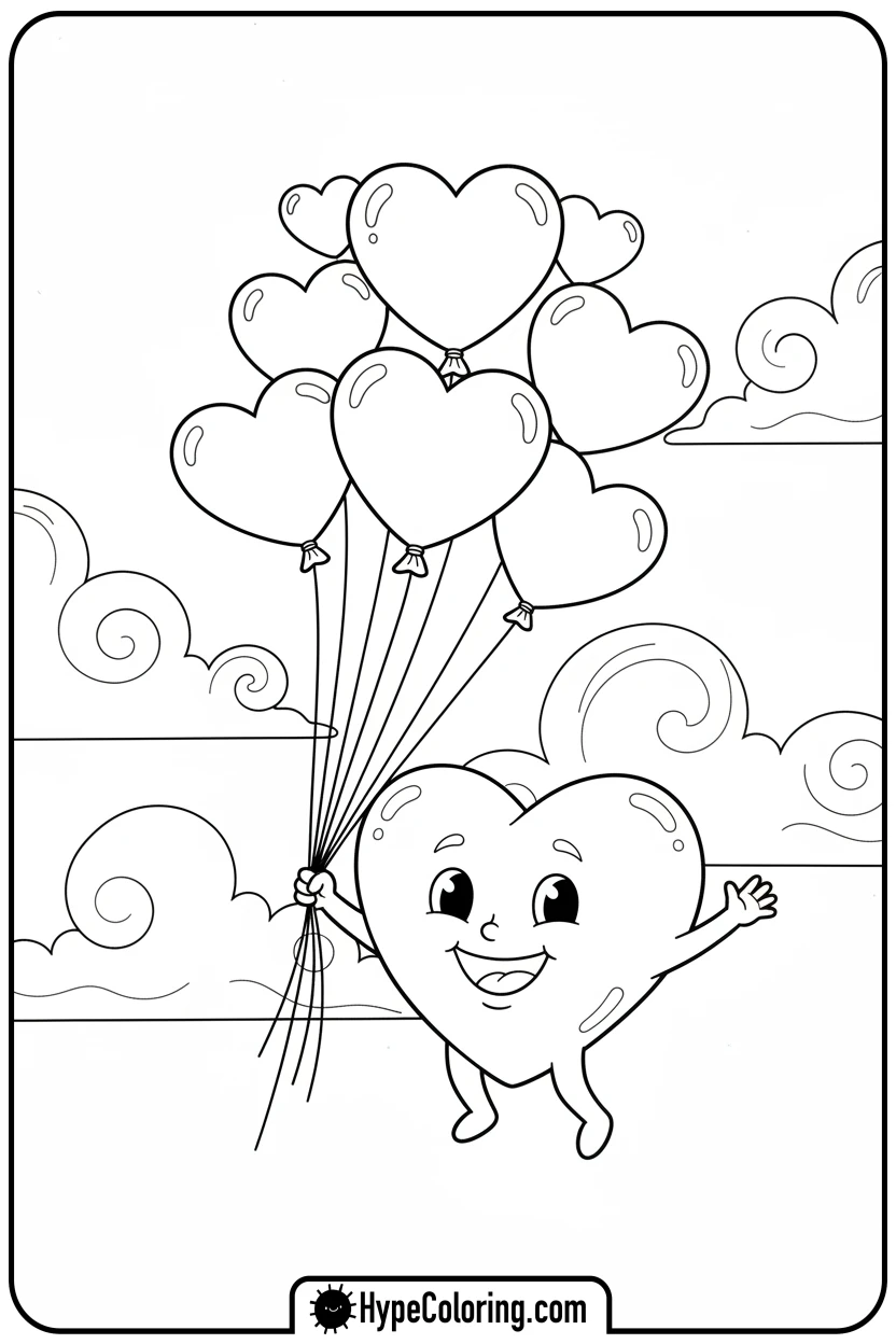 heart-floating-with-balloon-hearts - heart shape coloring pages