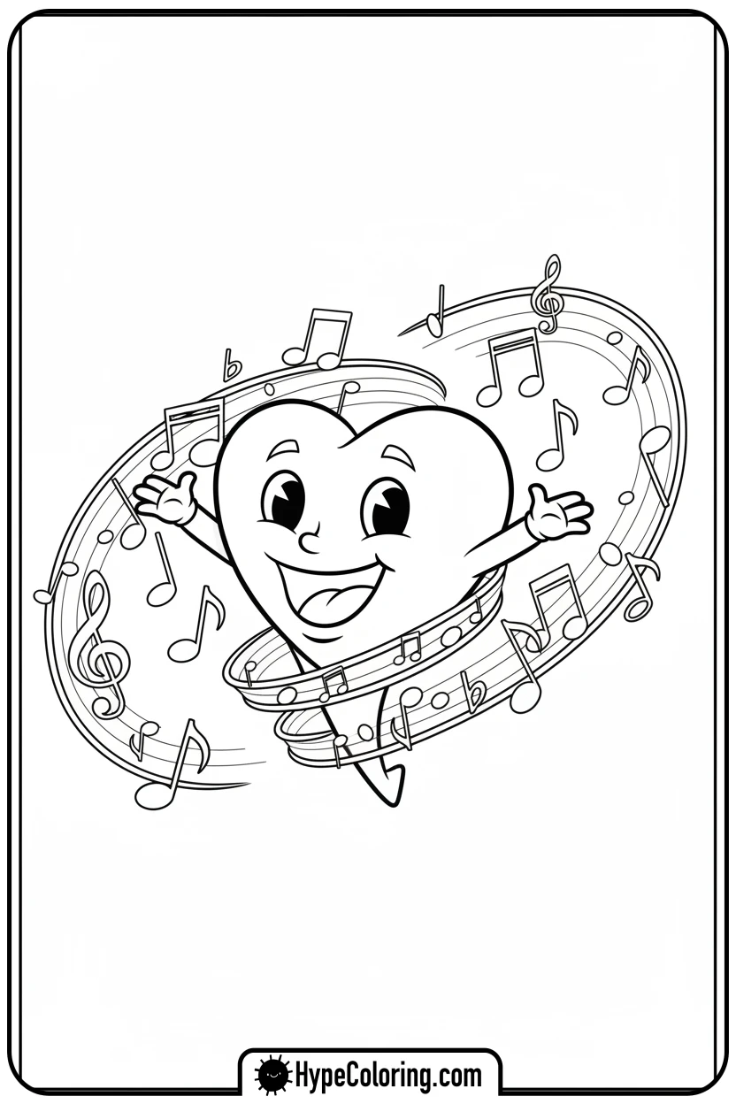 heart-dancing-with-music-notes - heart shape coloring pages