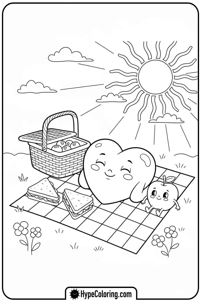 heart-having-picnic-on-blanket - heart shape coloring pages