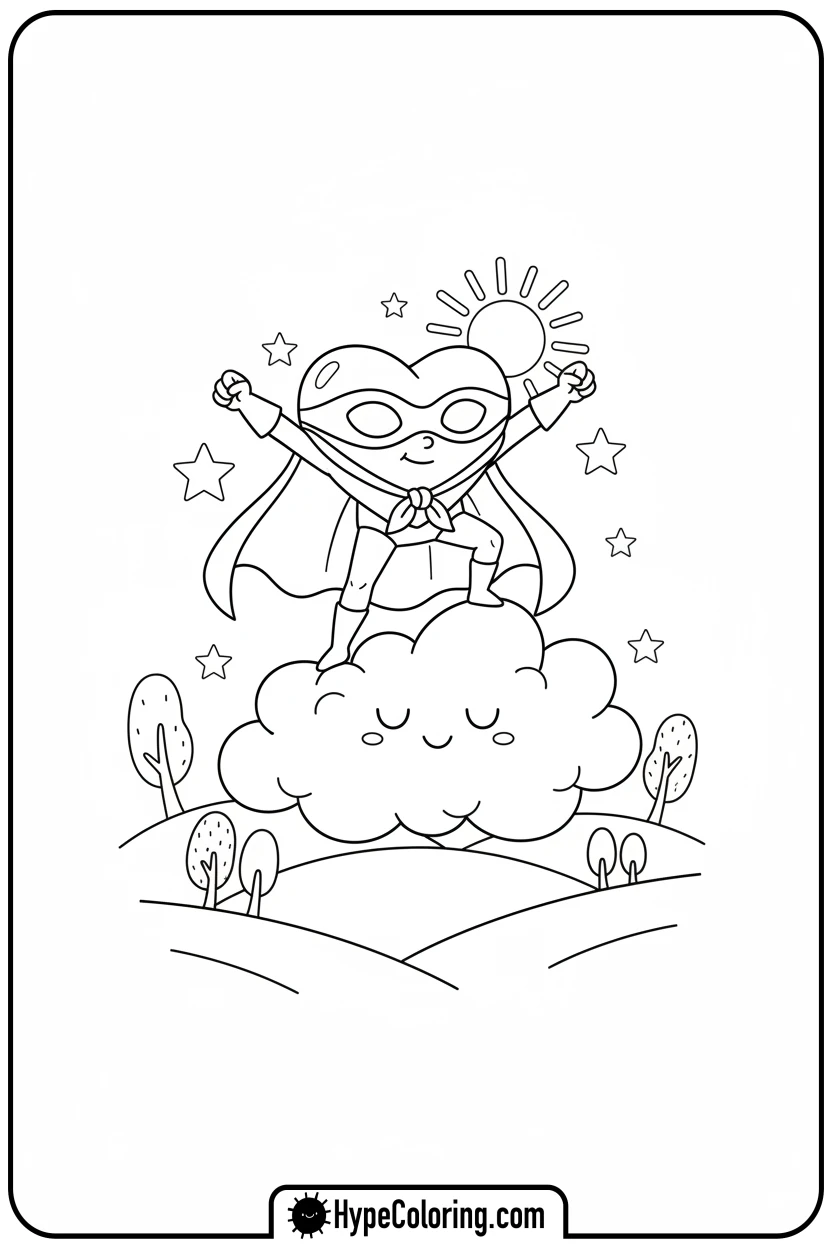 superhero-heart-on-cloud - heart shape coloring pages