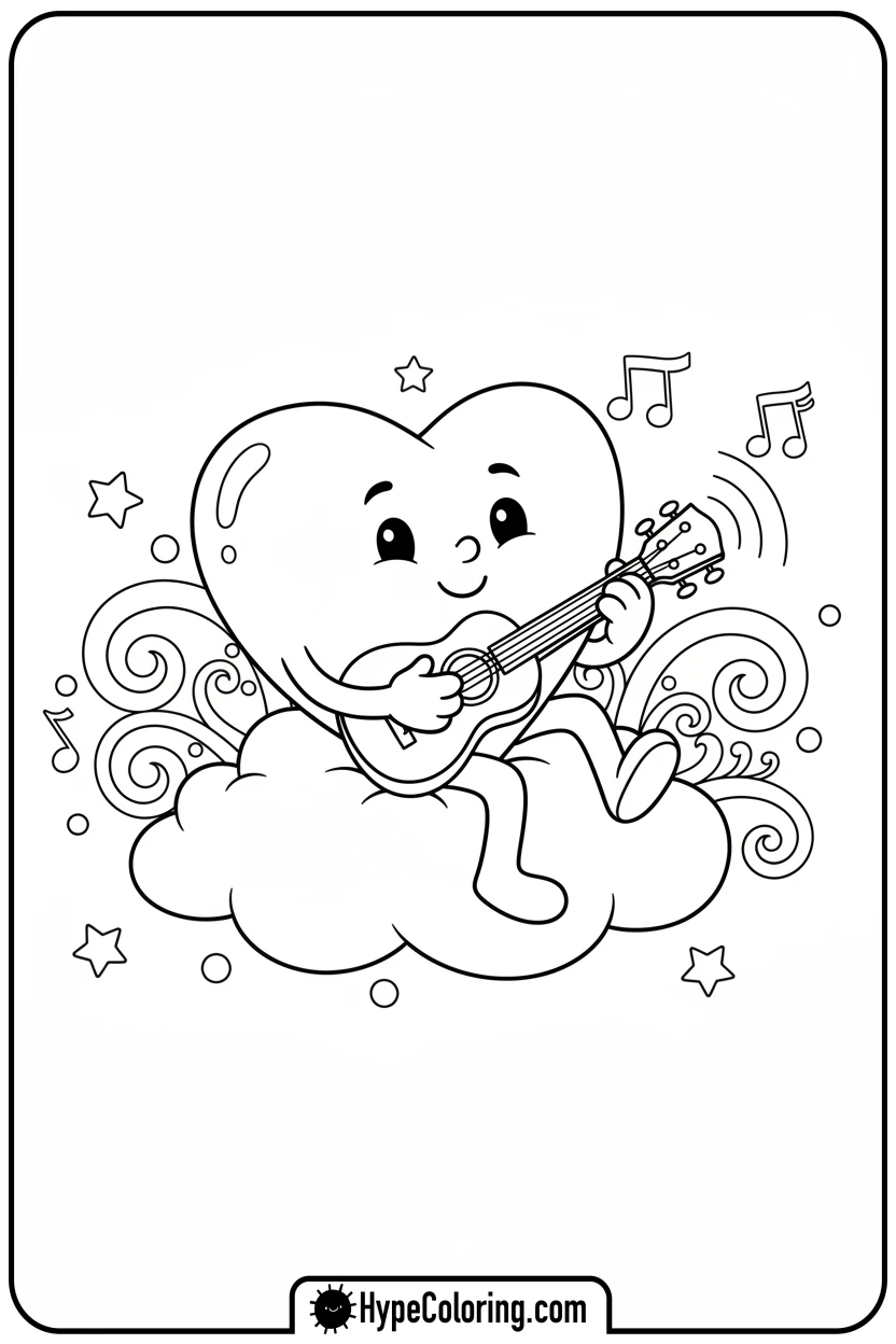 heart-playing-ukulele - heart shape coloring pages