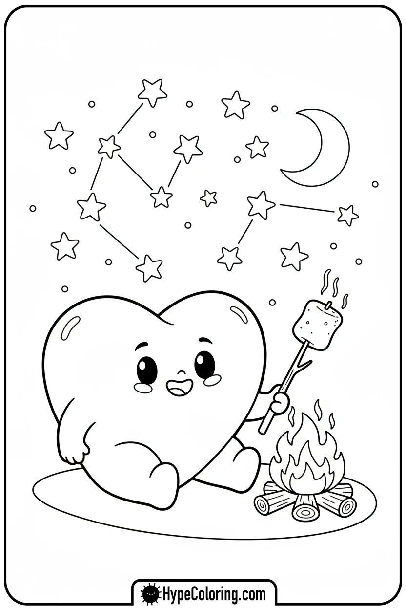 heart-camping-by-campfire - heart shape coloring pages