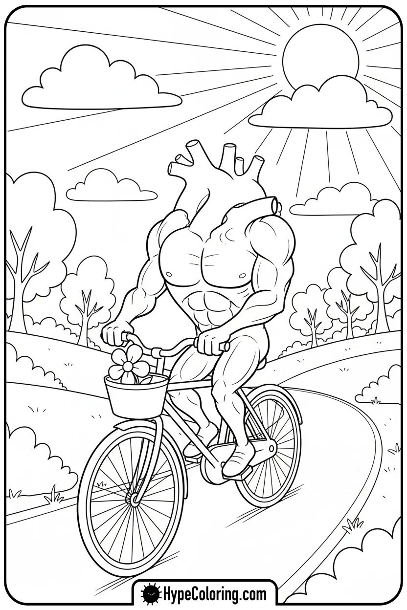 heart-riding-bicycle-on-path - heart shape coloring pages