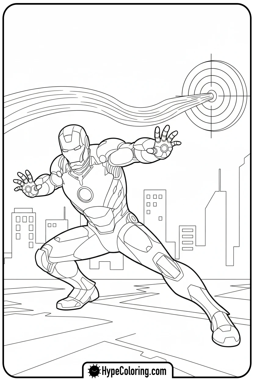 Click to download PDF iron-man-firing-repulsor-blasts - iron man coloring book pages