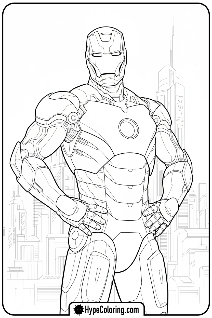 Click to download PDF iron-man-in-heroic-pose - iron man coloring book pages
