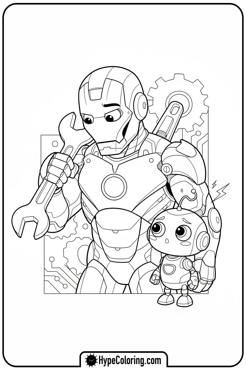 Click to download PDF iron-man-fixing-robot-in-workshop - iron man coloring book pages
