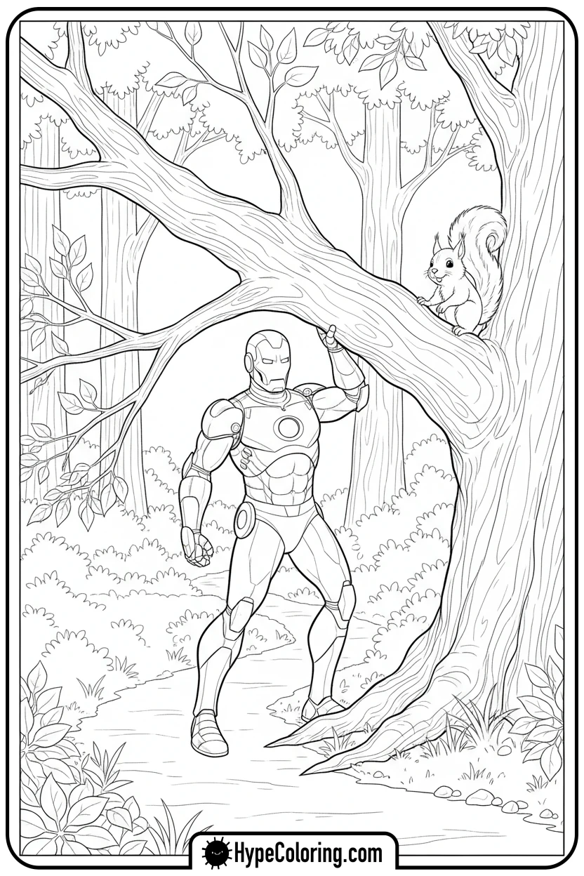 Click to download PDF iron-man-helping-squirrel-with-branch - iron man coloring book pages