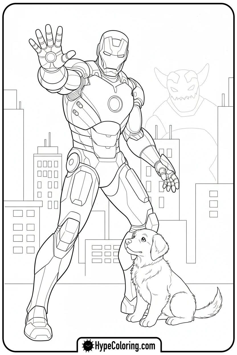Click to download PDF iron-man-protecting-puppy - iron man coloring book pages