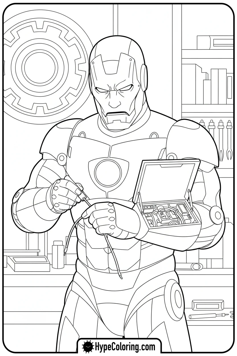 Click to download PDF iron-man-repairing-his-suit - iron man coloring book pages