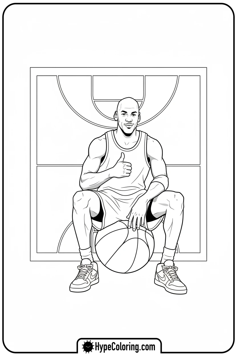 mj-sitting-on-basketball-winking - michael jordan coloring pages