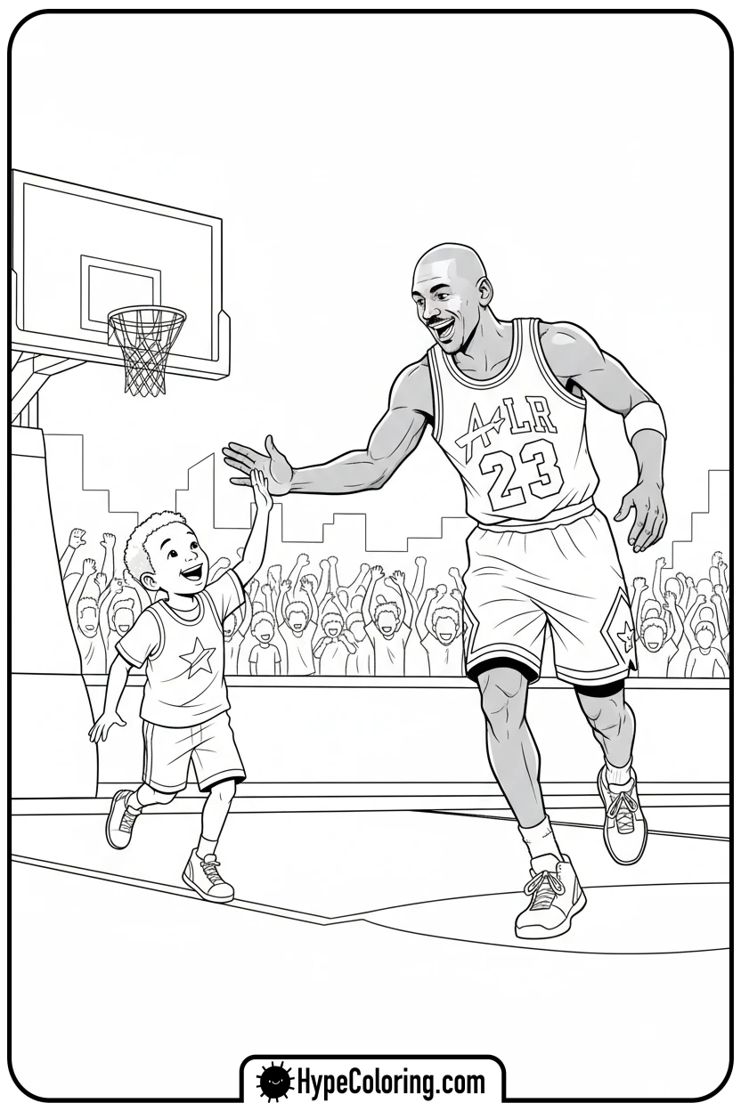 mj-high-fiving-a-child - michael jordan coloring pages