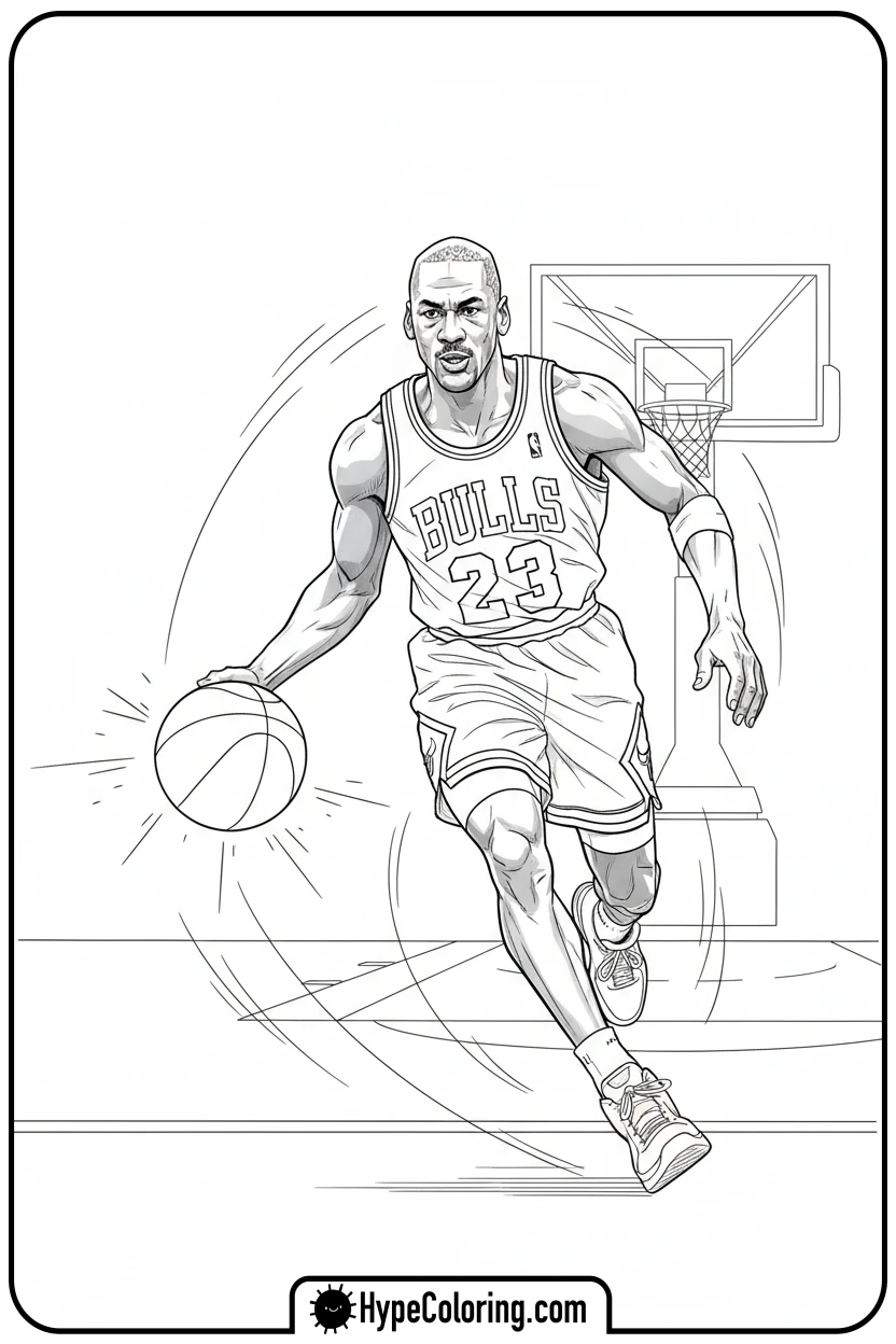 mj-racing-and-dribbling - michael jordan coloring pages