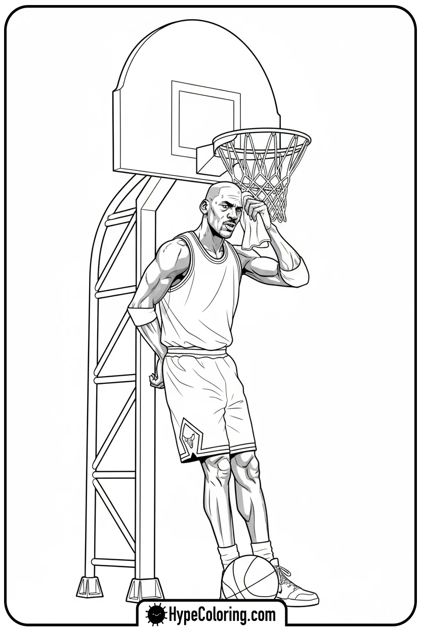 mj-leaning-on-goal-post - michael jordan coloring pages