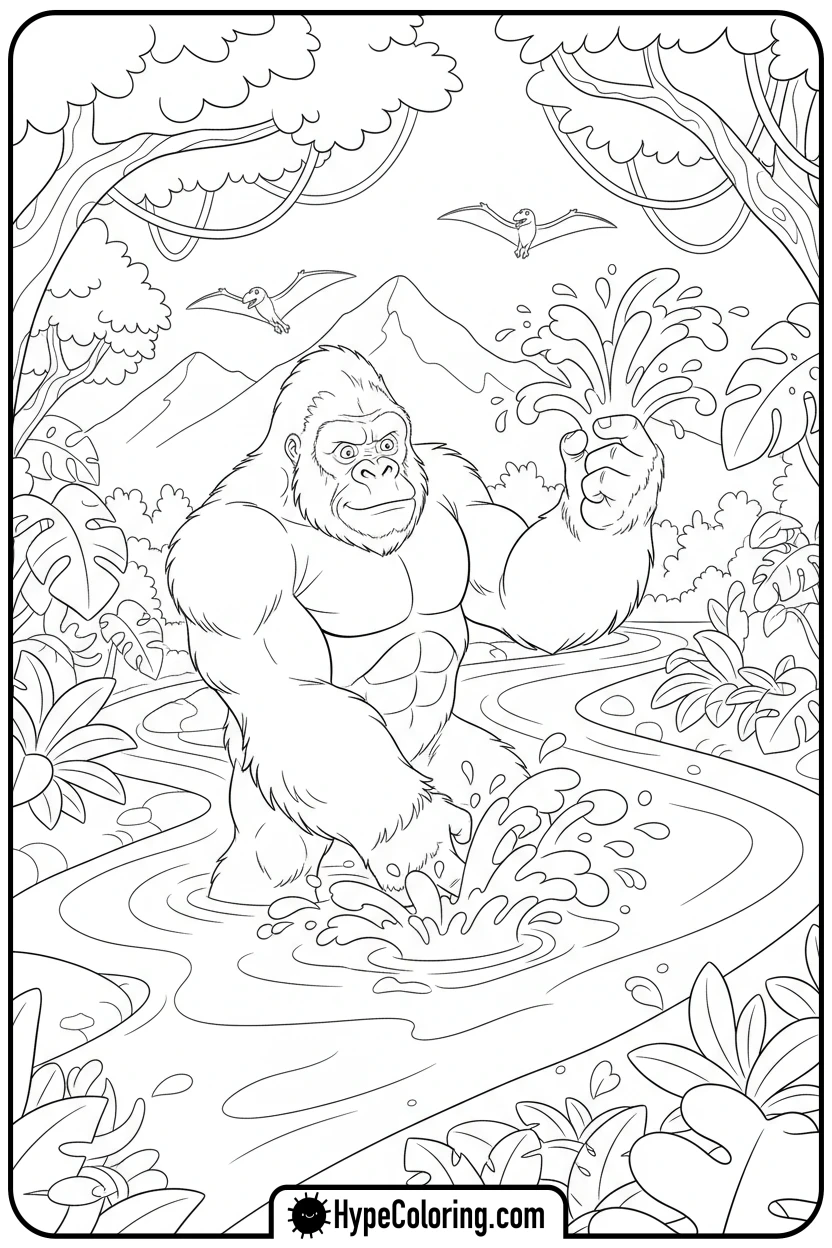 king-kong-splashing-in-river - king kong coloring pages