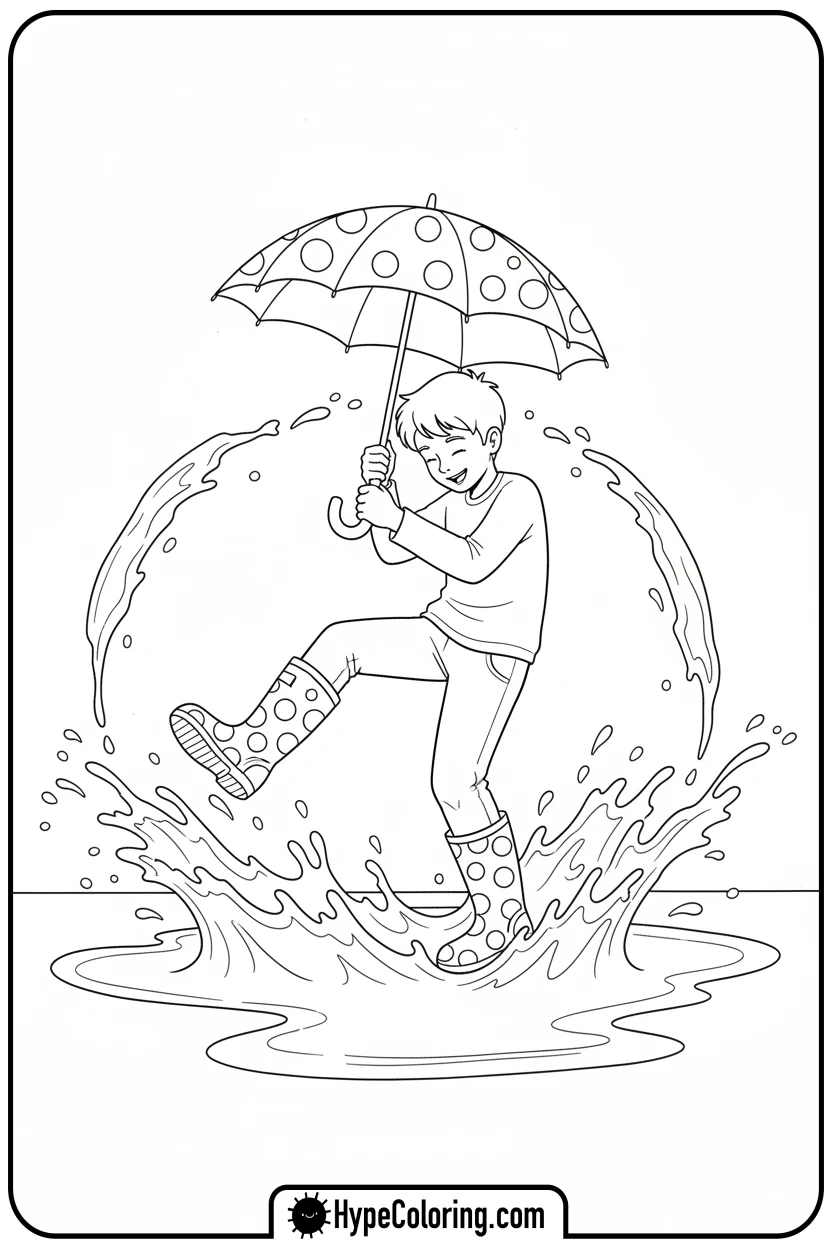 march-splashing-in-a-puddle-with-umbrella - march coloring page