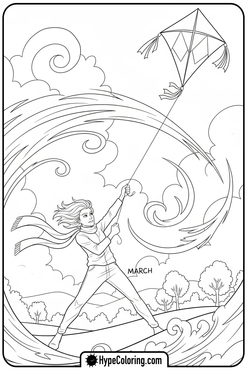 march-flying-a-kite-on-a-windy-day - march coloring page