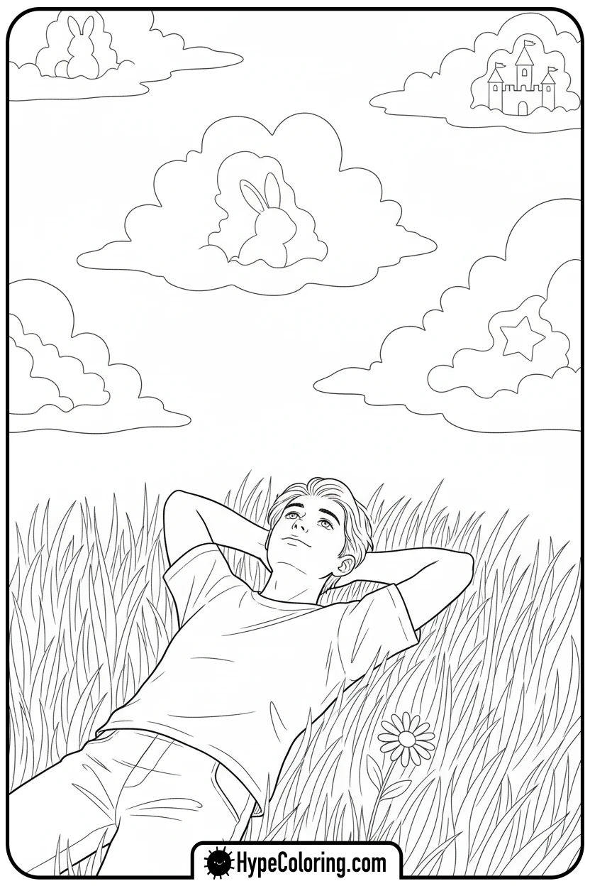 march-cloud-gazing-on-grass - march coloring page