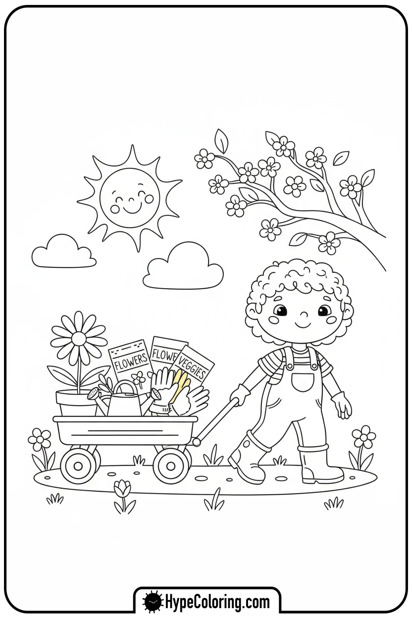 march-pulling-a-wagon-of-spring-items - march coloring page