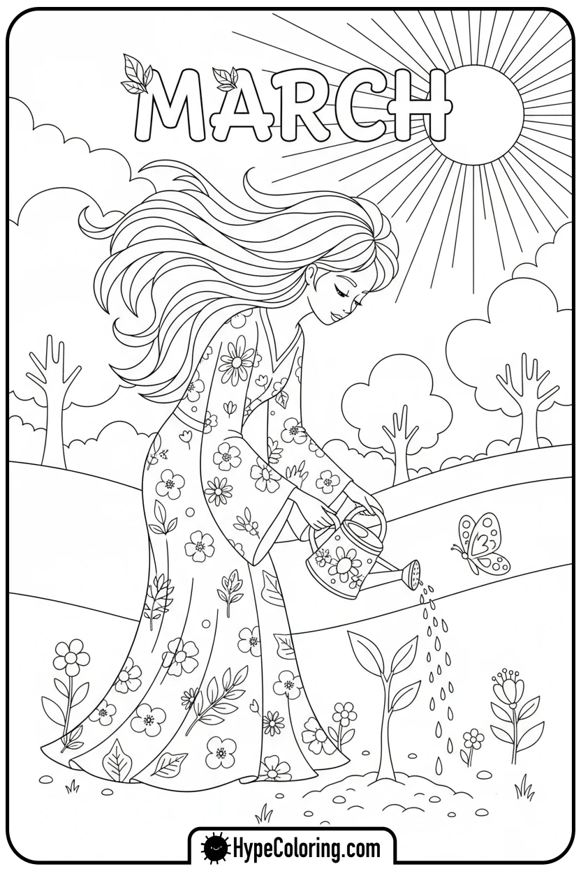 march-watering-a-young-tree - march coloring page