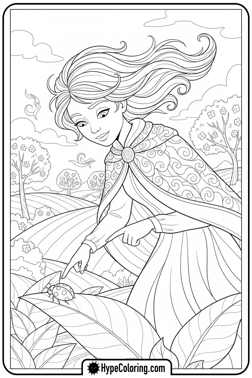 march-observing-a-ladybug-on-a-leaf - march coloring page