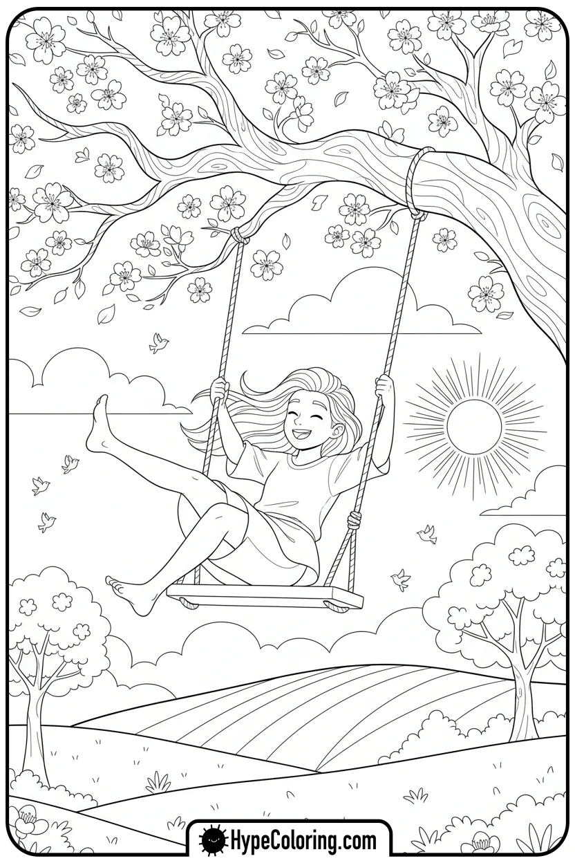march-swinging-on-a-tire-swing - march coloring page