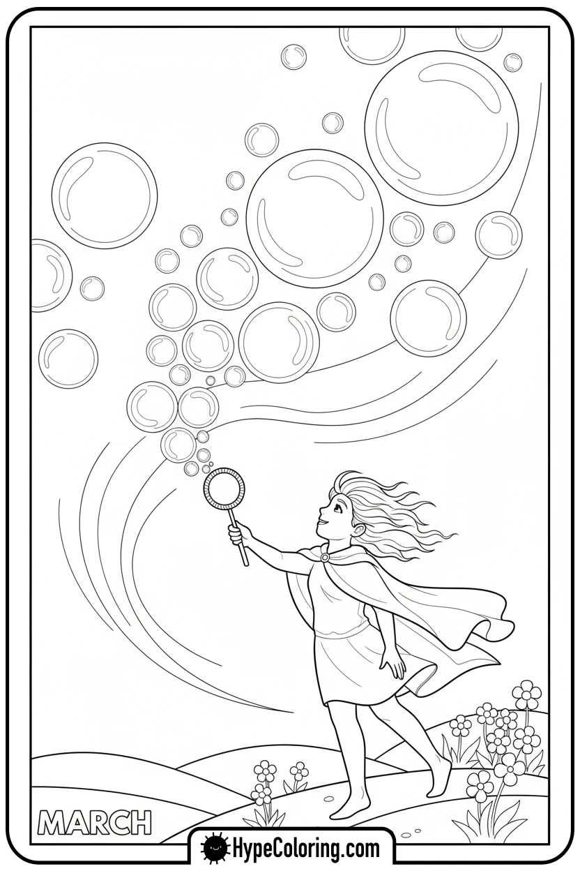 march-blowing-bubbles-outdoors - march coloring page