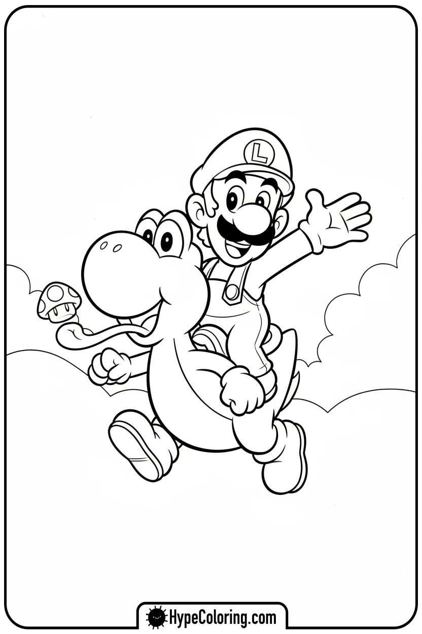 luigi-riding-yoshi-eating-mushroom - mario luigi coloring pages