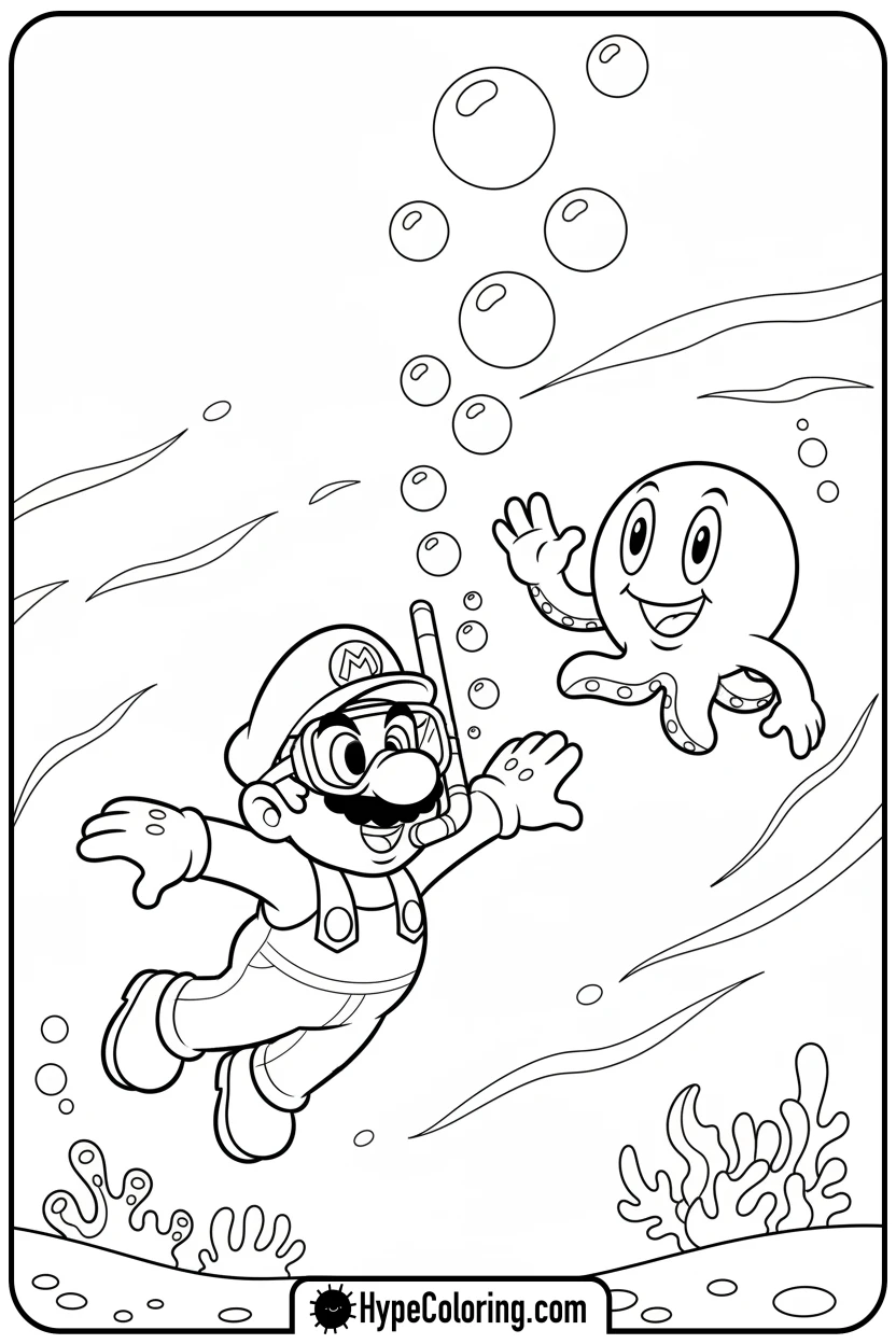 mario-swimming-with-blooper - mario luigi coloring pages
