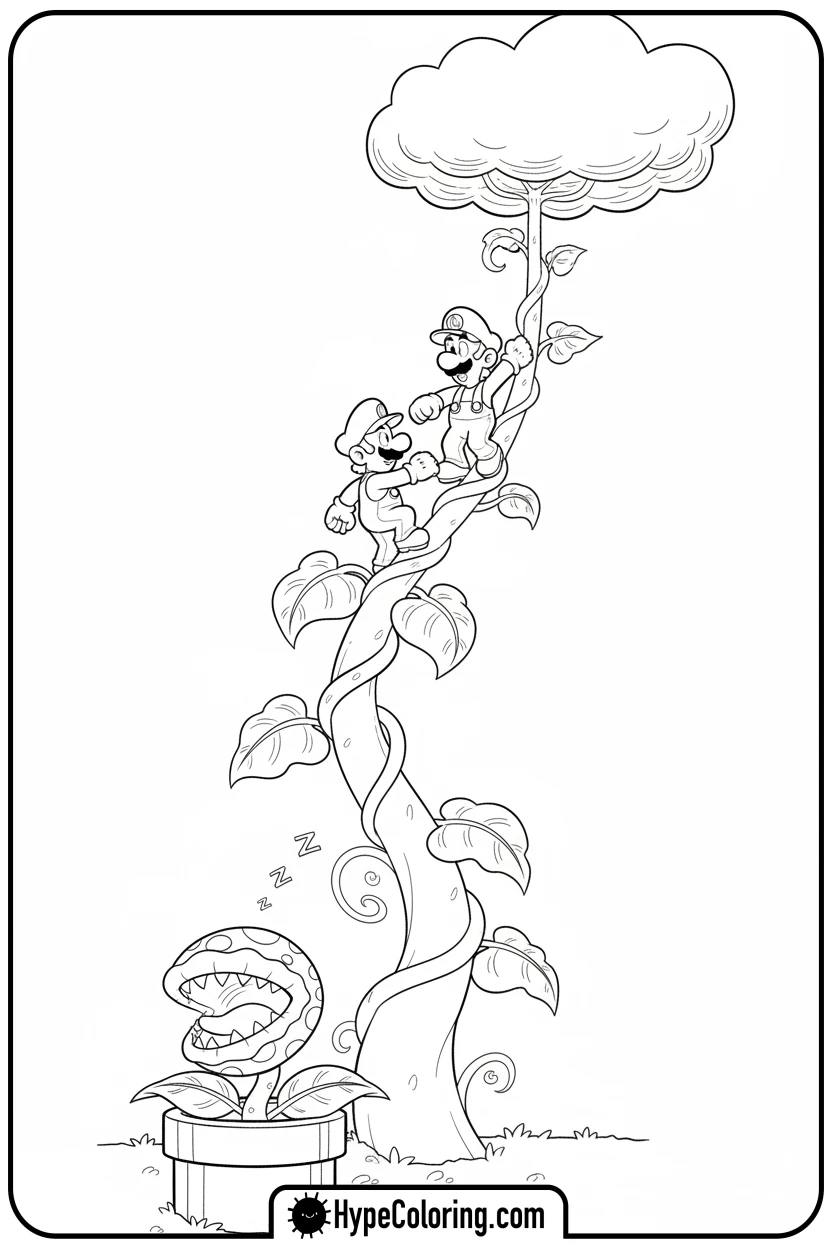 mario-and-luigi-climbing-beanstalk - mario luigi coloring pages