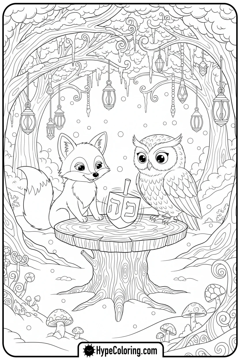 animals-playing-dreidel - hanukkah coloring pages